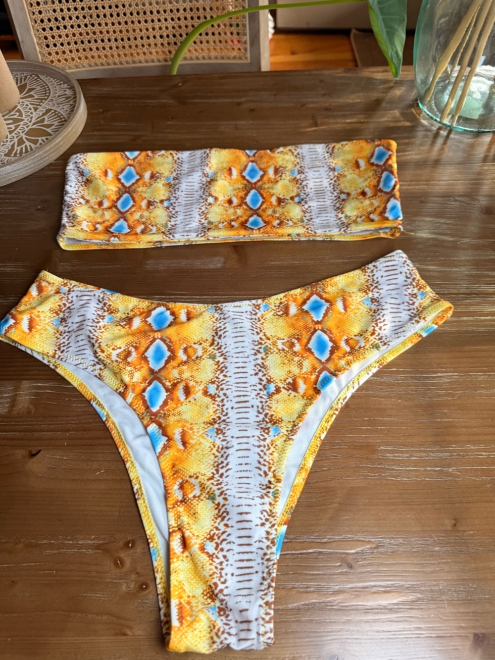 Amazon Yellow Orange Blue Patterned Bandeau Bikini Set - Picture 8 of 10